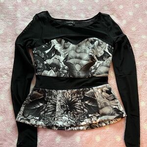 Bebe Black Floral sweetheart peplum top